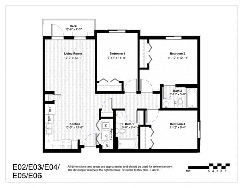 Floor plan for 3 beds, 2 baths, 1031 sqft